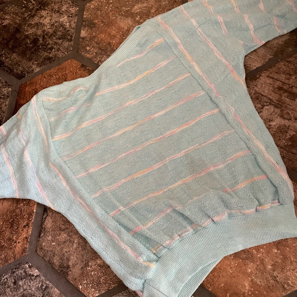 Vintage powder blue knit striped boat neck pullover 3/4 sleeve batwing style